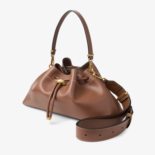 Tan, Ecru and Gold Jimmy Choo Cinch Medium Bucket Bag, view 3 | Bucket Bags