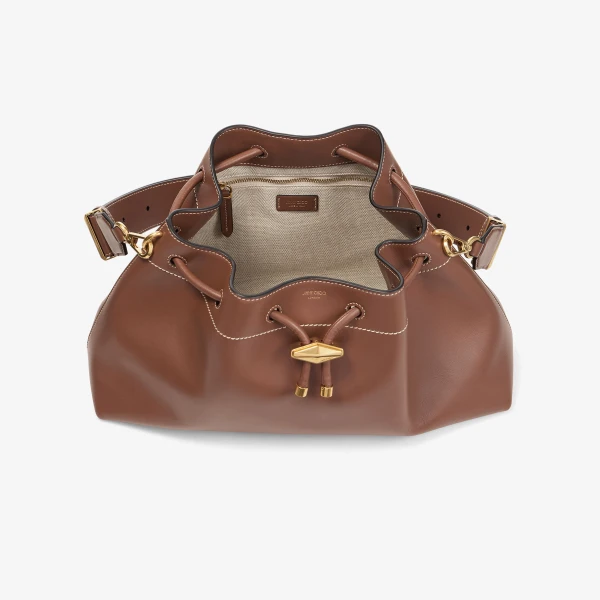 Tan, Ecru and Gold Jimmy Choo Cinch Medium Bucket Bag, view 5 | Bucket Bags