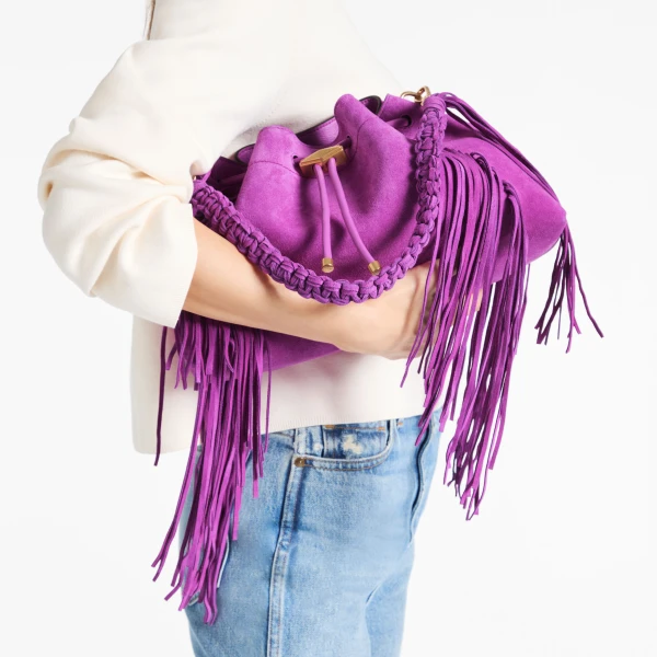 Violet Orchid and Gold Jimmy Choo Cinch Medium Bucket Bag, view 2 | Bucket Bags