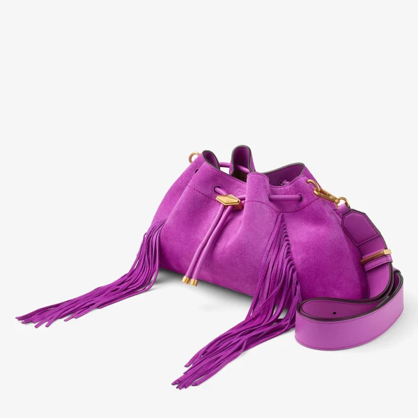 Violet Orchid and Gold Jimmy Choo Cinch Medium Bucket Bag, view 3 | Bucket Bags