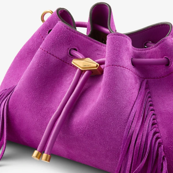 Violet Orchid and Gold Jimmy Choo Cinch Medium Bucket Bag, view 4 | Bucket Bags