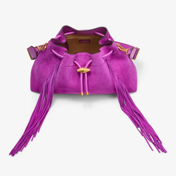 Violet Orchid and Gold Jimmy Choo Cinch Medium Bucket Bag, view 5 | Bucket Bags