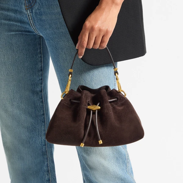 Coffee and Gold Jimmy Choo Cinch Small Bucket Bag, view 2 | Bucket Bags