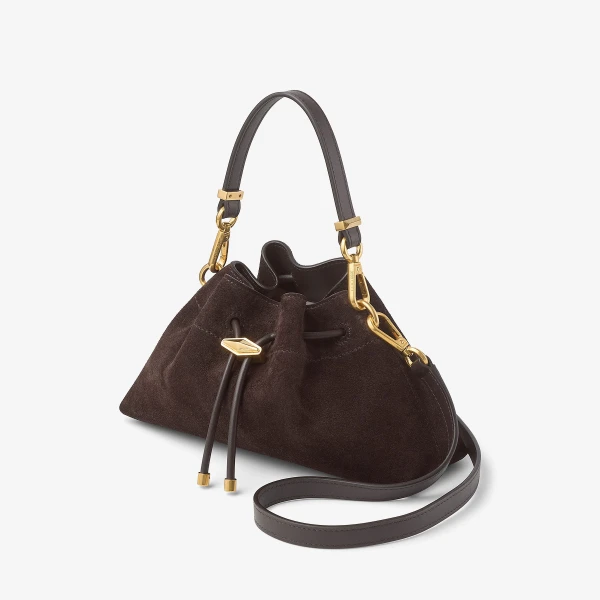 Coffee and Gold Jimmy Choo Cinch Small Bucket Bag, view 3 | Bucket Bags