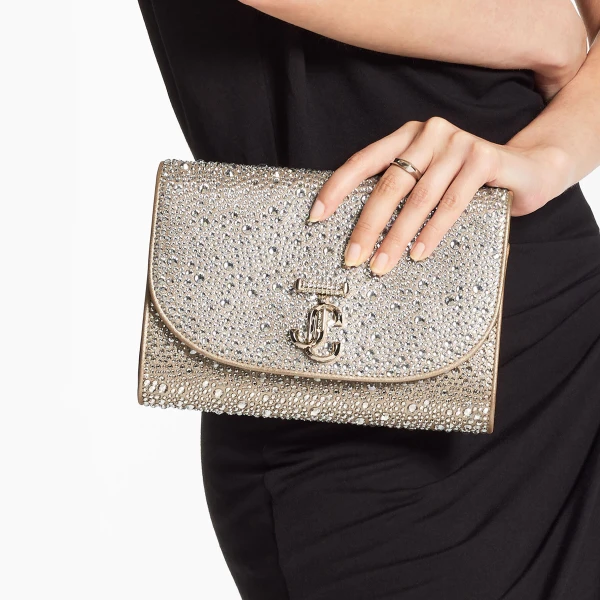 Gold, Crystal and Shiny Gold Jimmy Choo Curve Clutch, view 2 | Clutch Bags
