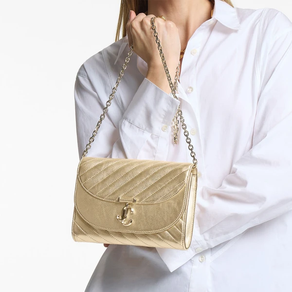 Gold and Shiny Gold Jimmy Choo Curve Clutch, view 2 | Clutch Bags