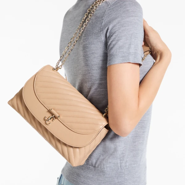 Chai and Shiny Gold Jimmy Choo Curve Cross Body Medium Crossbody Bag, view 2 | Shoulder & Crossbody Bags