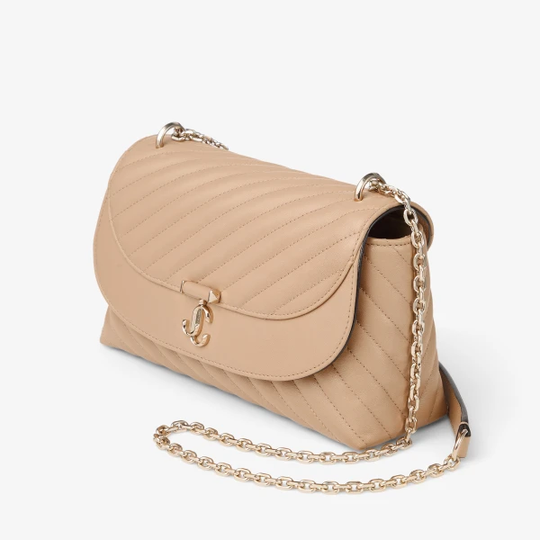 Chai and Shiny Gold Jimmy Choo Curve Cross Body Medium Crossbody Bag, view 3 | Shoulder & Crossbody Bags