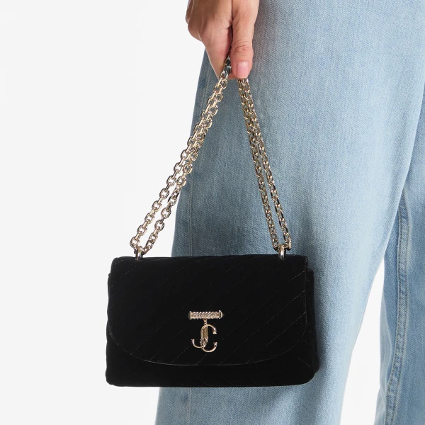 Black and Shiny Gold Jimmy Choo Curve Cross Body Small Crossbody Bag, view 2 | Shoulder & Crossbody Bags