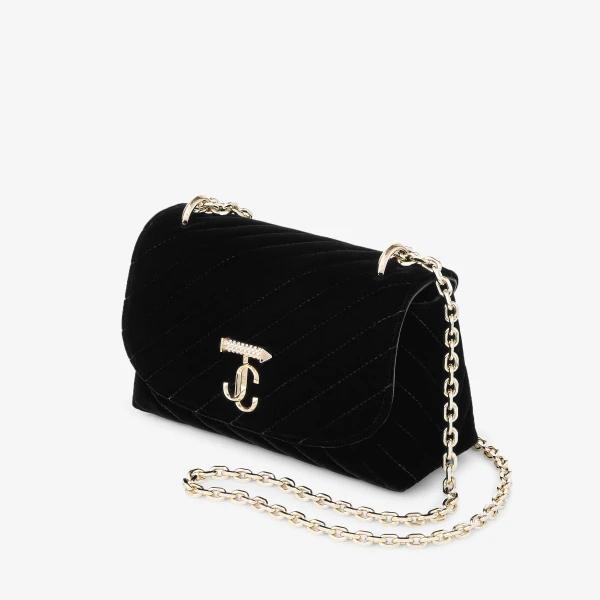 Black and Shiny Gold Jimmy Choo Curve Cross Body Small Crossbody Bag, view 3 | Shoulder & Crossbody Bags