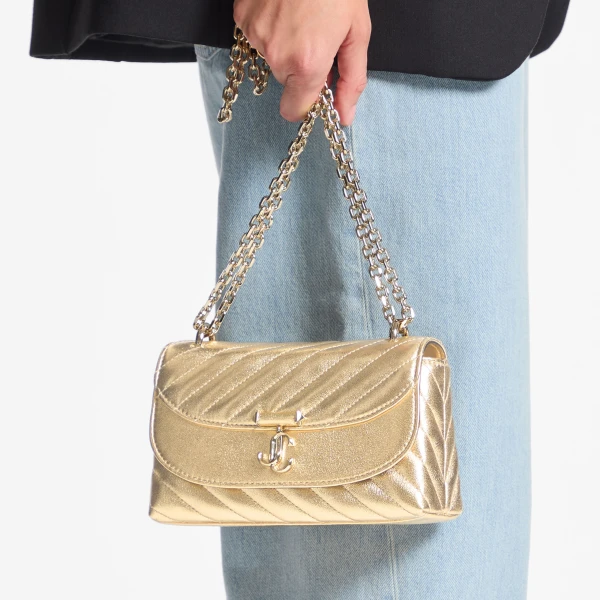 Gold and Shiny Gold Jimmy Choo Curve Cross Body Small Crossbody Bag, view 2 | Shoulder & Crossbody Bags