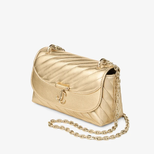 Gold and Shiny Gold Jimmy Choo Curve Cross Body Small Crossbody Bag, view 3 | Shoulder & Crossbody Bags