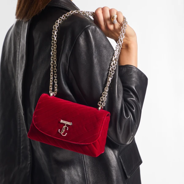 Ruby Red and Shiny Gold Jimmy Choo Curve Cross Body Small Crossbody Bag, view 2 | Shoulder & Crossbody Bags