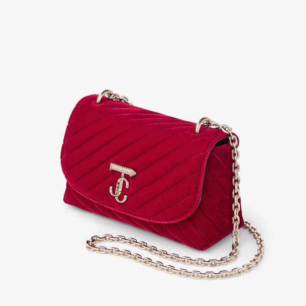 Ruby Red and Shiny Gold Jimmy Choo Curve Cross Body Small Crossbody Bag, view 3 | Shoulder & Crossbody Bags