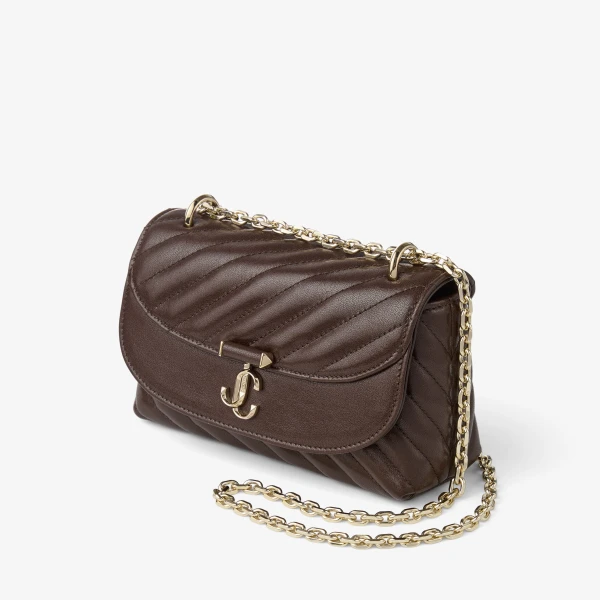 Chocolate and Shiny Gold Jimmy Choo Curve Crossbody Small Crossbody Bag, view 3 | Shoulder & Crossbody Bags