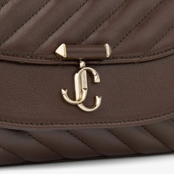 Chocolate and Shiny Gold Jimmy Choo Curve Crossbody Small Crossbody Bag, view 4 | Shoulder & Crossbody Bags
