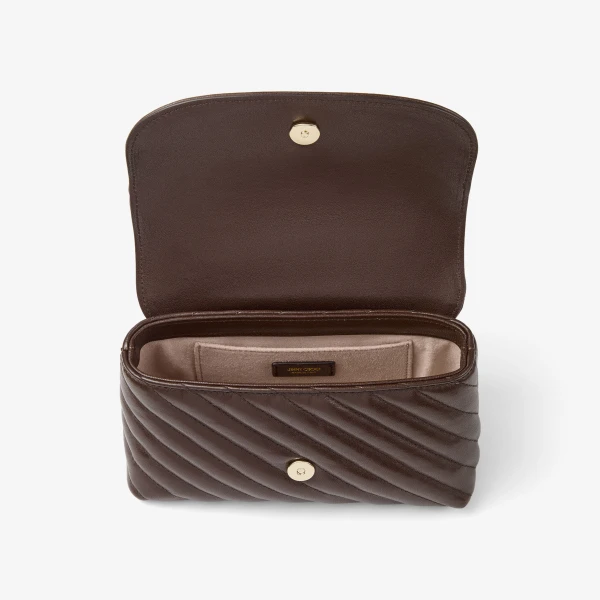 Chocolate and Shiny Gold Jimmy Choo Curve Crossbody Small Crossbody Bag, view 5 | Shoulder & Crossbody Bags