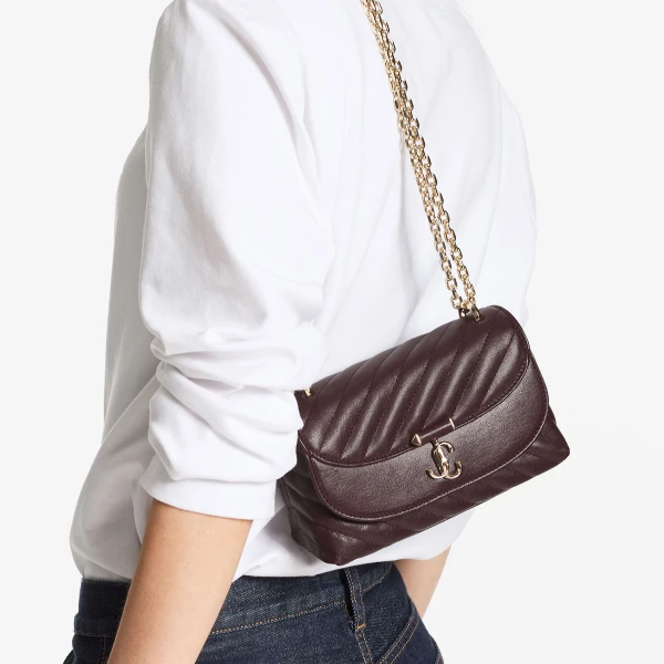 Dark Merlot and Shiny Gold Jimmy Choo Curve Crossbody Small Crossbody Bag, view 2 | Shoulder & Crossbody Bags