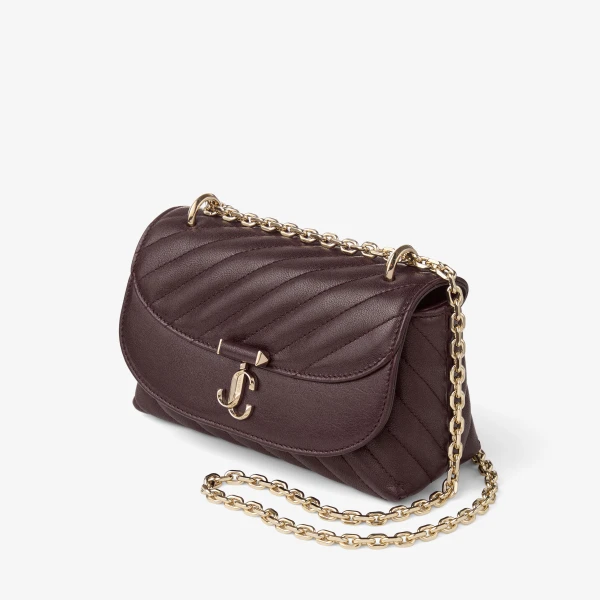 Dark Merlot and Shiny Gold Jimmy Choo Curve Crossbody Small Crossbody Bag, view 3 | Shoulder & Crossbody Bags