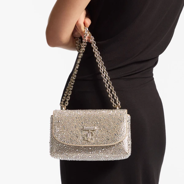Gold, Crystal and Shiny Gold Jimmy Choo Curve Crossbody Small Crossbody Bag, view 2 | Shoulder & Crossbody Bags