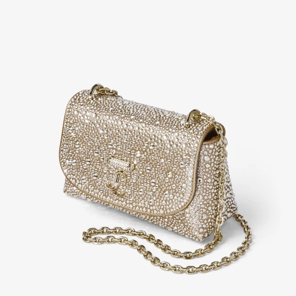 Gold, Crystal and Shiny Gold Jimmy Choo Curve Crossbody Small Crossbody Bag, view 3 | Shoulder & Crossbody Bags