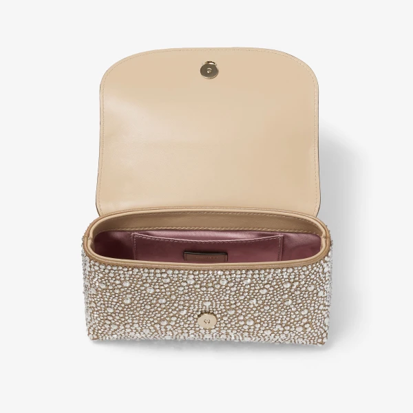 Gold, Crystal and Shiny Gold Jimmy Choo Curve Crossbody Small Crossbody Bag, view 5 | Shoulder & Crossbody Bags