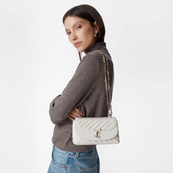 Latte and Shiny Gold Jimmy Choo Curve Crossbody Small Crossbody Bag, view 3 | Shoulder & Crossbody Bags