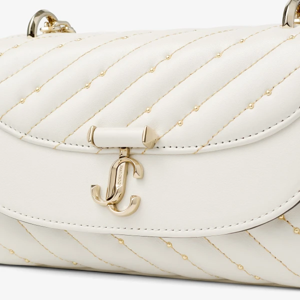 Latte and Shiny Gold Jimmy Choo Curve Crossbody Small Crossbody Bag, view 5 | Shoulder & Crossbody Bags
