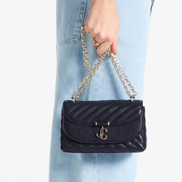 Marine and Shiny Gold Jimmy Choo Curve Crossbody Small Crossbody Bag, view 2 | Shoulder & Crossbody Bags