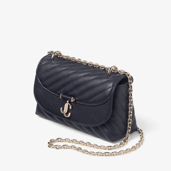 Marine and Shiny Gold Jimmy Choo Curve Crossbody Small Crossbody Bag, view 3 | Shoulder & Crossbody Bags
