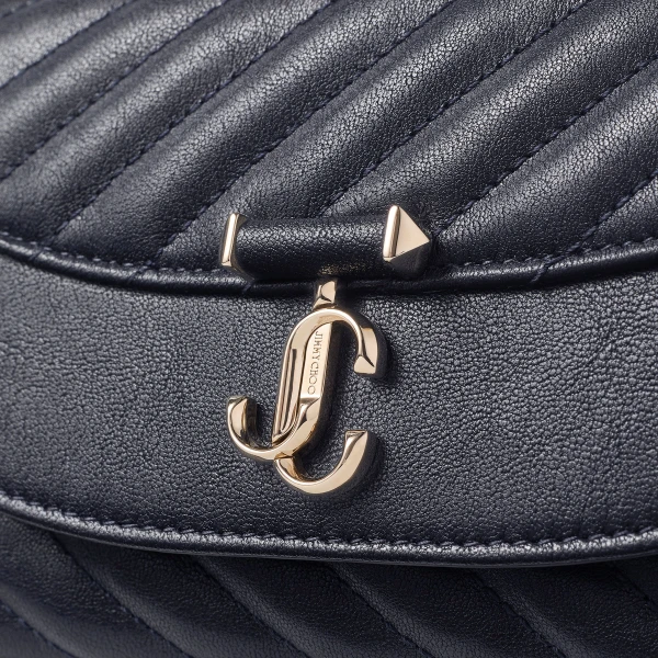 Marine and Shiny Gold Jimmy Choo Curve Crossbody Small Crossbody Bag, view 4 | Shoulder & Crossbody Bags