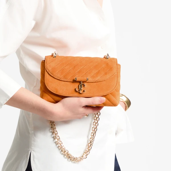 Sunset Orange and Shiny Gold Jimmy Choo Curve Crossbody Small Crossbody Bag, view 2 | Shoulder & Crossbody Bags