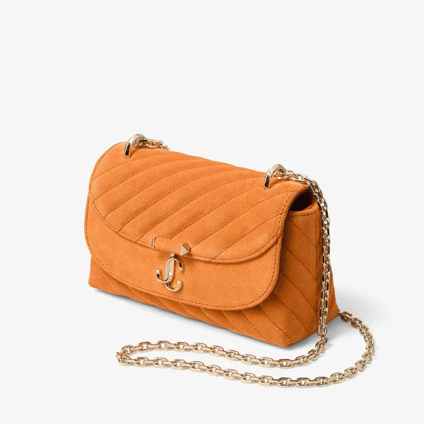 Sunset Orange and Shiny Gold Jimmy Choo Curve Crossbody Small Crossbody Bag, view 3 | Shoulder & Crossbody Bags