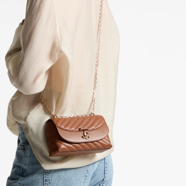Tan and Shiny Gold Jimmy Choo Curve Crossbody Small Crossbody Bag, view 2 | Shoulder & Crossbody Bags
