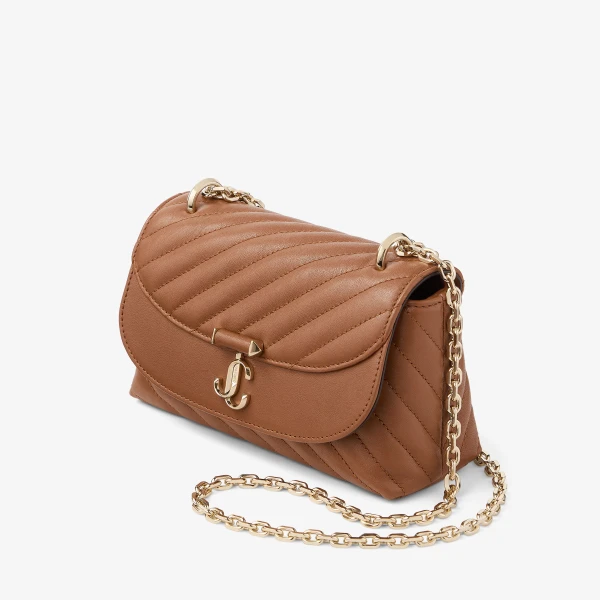 Tan and Shiny Gold Jimmy Choo Curve Crossbody Small Crossbody Bag, view 3 | Shoulder & Crossbody Bags