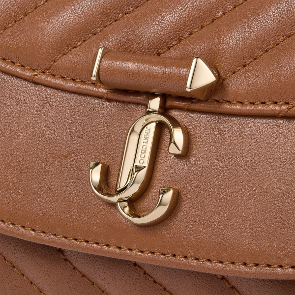 Tan and Shiny Gold Jimmy Choo Curve Crossbody Small Crossbody Bag, view 4 | Shoulder & Crossbody Bags