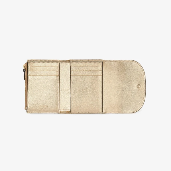 Gold and Shiny Gold Jimmy Choo Curve Marinda Wallet, view 3 | Wallets & Purses
