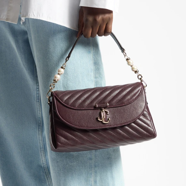 Dark Merlot and Shiny Gold Jimmy Choo Curve Top Handle Crossbody Bag, view 2 | Shoulder & Crossbody Bags