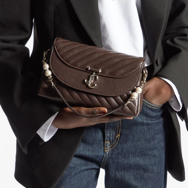 Chocolate and Shiny Gold Jimmy Choo Curve Top Handle Top Handle Bag, view 2 | Totes & Top-Handle Bags