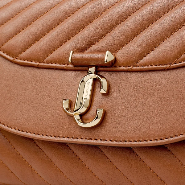 Tan and Shiny Gold Jimmy Choo Curve Top Handle Top Handle Bag, view 3 | Totes & Top-Handle Bags