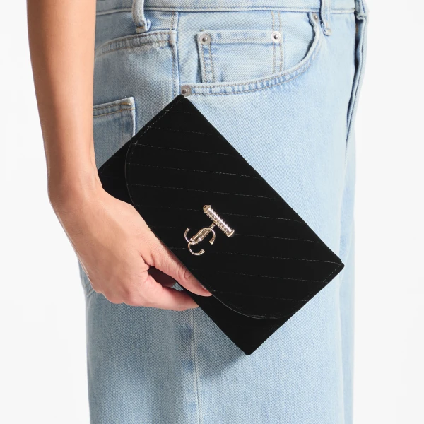 Black and Shiny Gold Jimmy Choo Curve Wallet with Chain, view 2 | Mini Bags