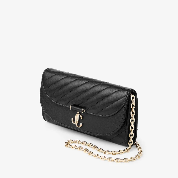Black and Shiny Gold Jimmy Choo Curve Wallet with Chain, view 2 | Mini Bags