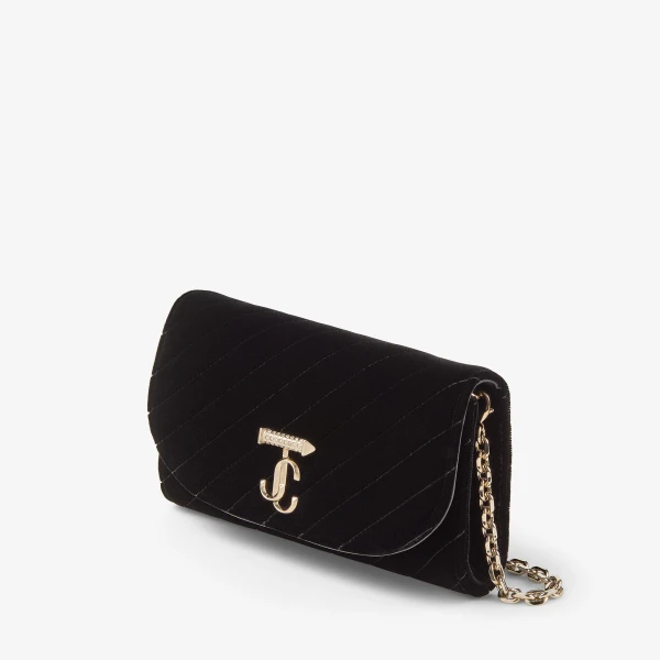 Black and Shiny Gold Jimmy Choo Curve Wallet with Chain, view 3 | Mini Bags