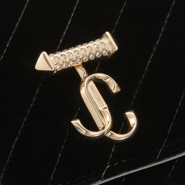 Black and Shiny Gold Jimmy Choo Curve Wallet with Chain, view 4 | Mini Bags