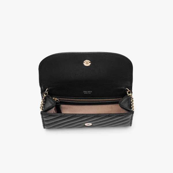 Black and Shiny Gold Jimmy Choo Curve Wallet with Chain, view 4 | Mini Bags
