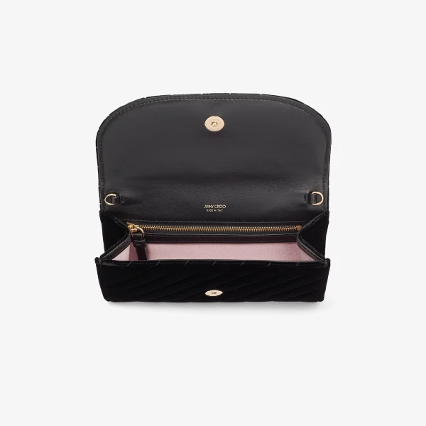 Black and Shiny Gold Jimmy Choo Curve Wallet with Chain, view 5 | Mini Bags