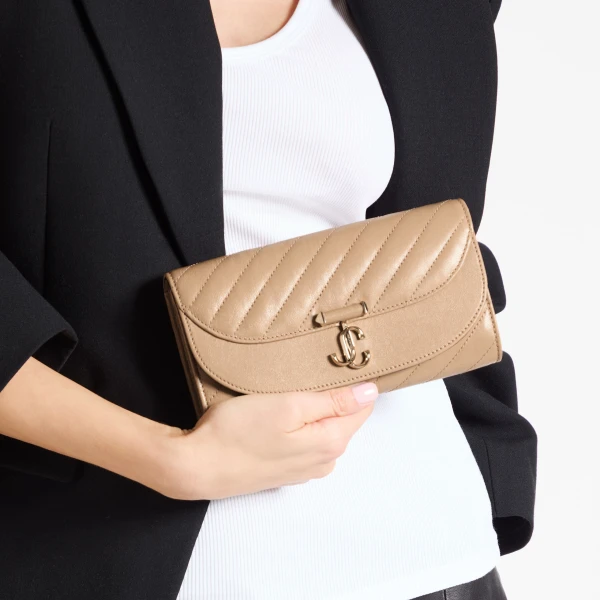Chai and Shiny Gold Jimmy Choo Curve Wallet with Chain, view 2 | Mini Bags