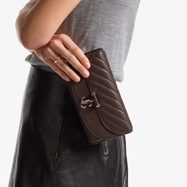 Chocolate and Shiny Gold Jimmy Choo Curve Wallet with Chain, view 2 | Mini Bags