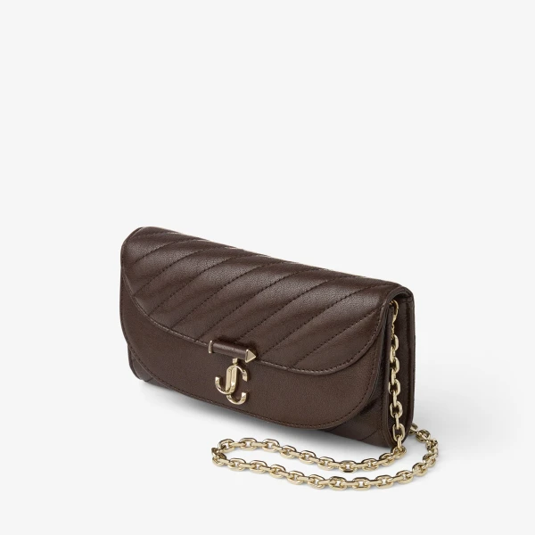 Chocolate and Shiny Gold Jimmy Choo Curve Wallet with Chain, view 3 | Mini Bags