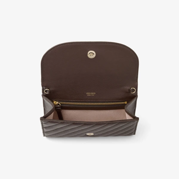 Chocolate and Shiny Gold Jimmy Choo Curve Wallet with Chain, view 5 | Mini Bags